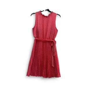 Sandra Darren Coral Pink Polka Dot Pleated Belted Sleeveless Dress - Size 16